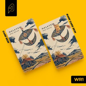 Wau bulan moon kite flying over a kampung house and padi fields — Malaysian heritage card skin for Transit Card and bank cards, Warisan design WR1