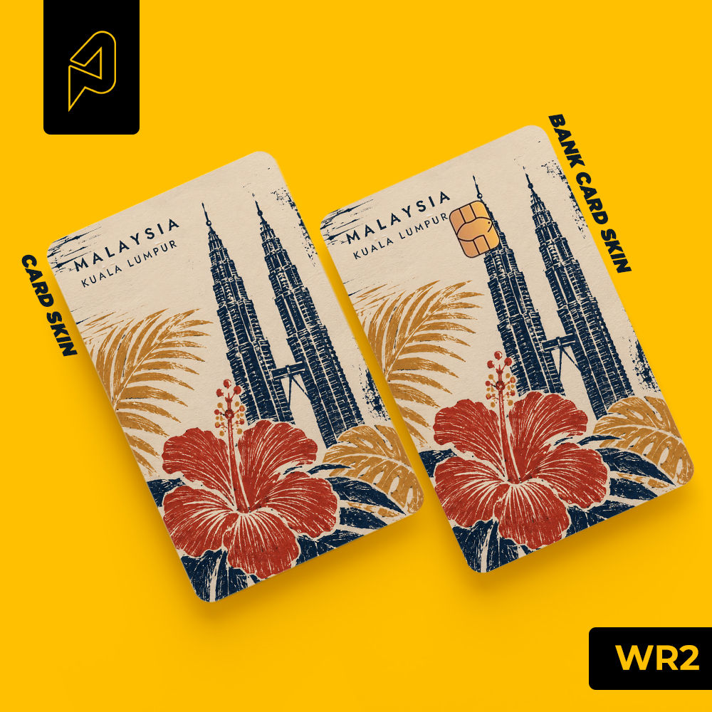 Kuala Lumpur skyline with the national hibiscus flower — Malaysian heritage card skin for Transit Card and bank cards, Warisan design WR2