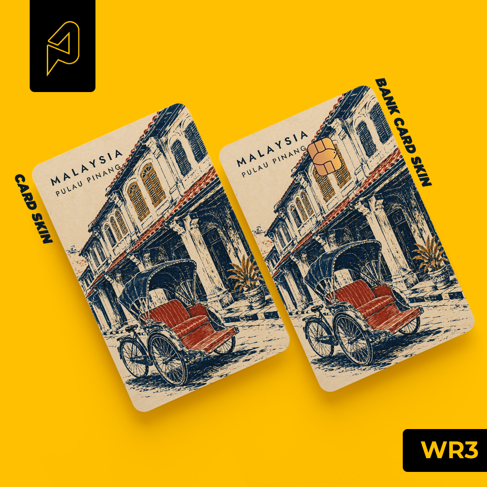 Penang trishaw parked in front of heritage shophouses — Malaysian heritage card skin for Transit Card and bank cards, Warisan design WR3