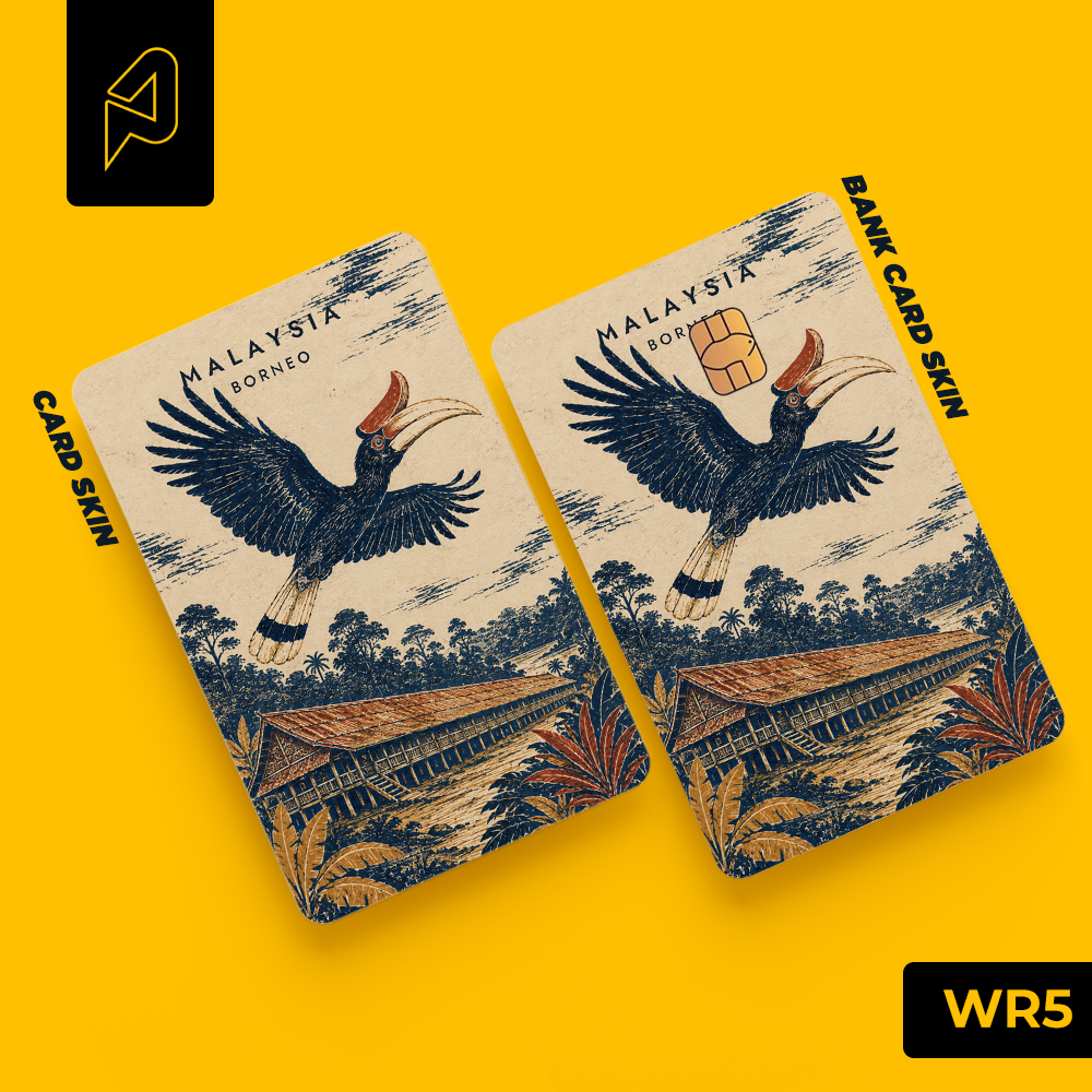 Rhinoceros hornbill flying over the Borneo rainforest — Malaysian heritage card skin for Transit Card and bank cards, Warisan design WR5