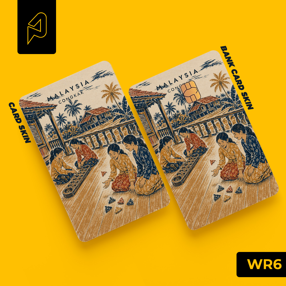 Congkak board on a kampung house verandah in the afternoon — Malaysian heritage card skin for Transit Card and bank cards, Warisan design WR6
