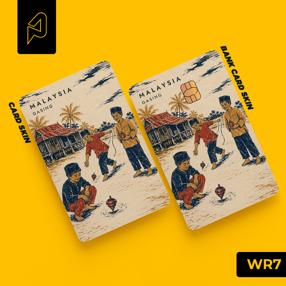 Gasing spinning tops on the village field — Malaysian heritage card skin for Transit Card and bank cards, Warisan design WR7