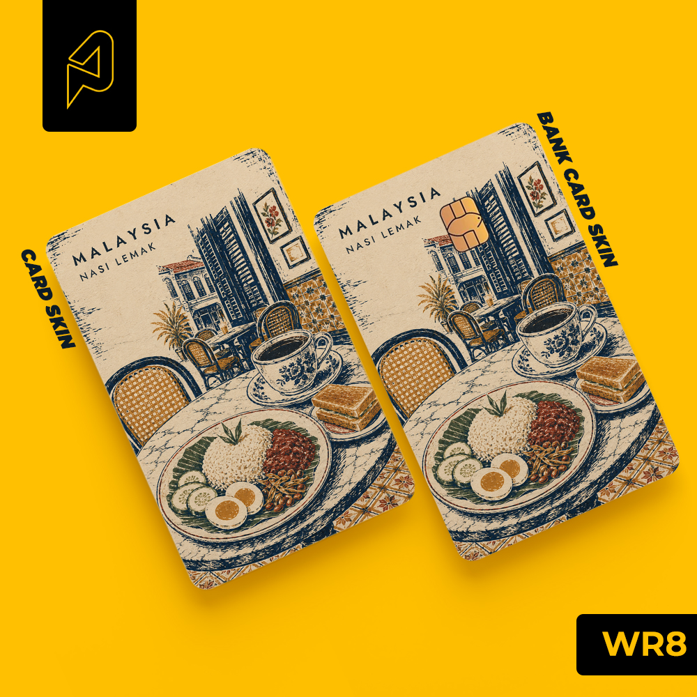 Nasi lemak and kopi on a kopitiam table — Malaysian heritage card skin for Transit Card and bank cards, Warisan design WR8